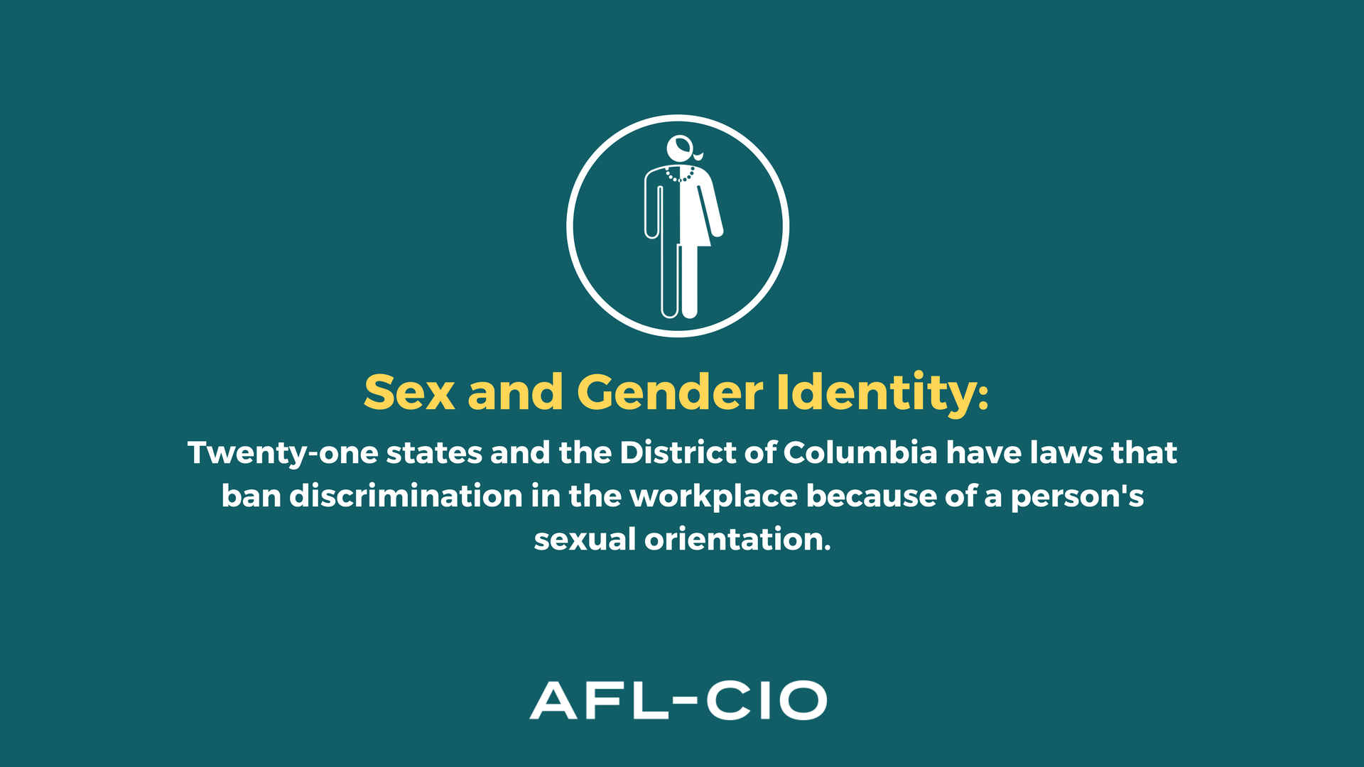 Sex and Gender Identity: 21 states and the District of Columbia have laws that ban discrimination in the workplace because of person's sexual orientation.