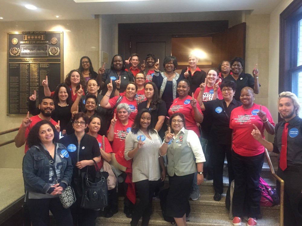 Members of UNITE HERE Local 1 in Chicago in October 2017, after the City Council passed an ordinance to protect hotel housekeepers.