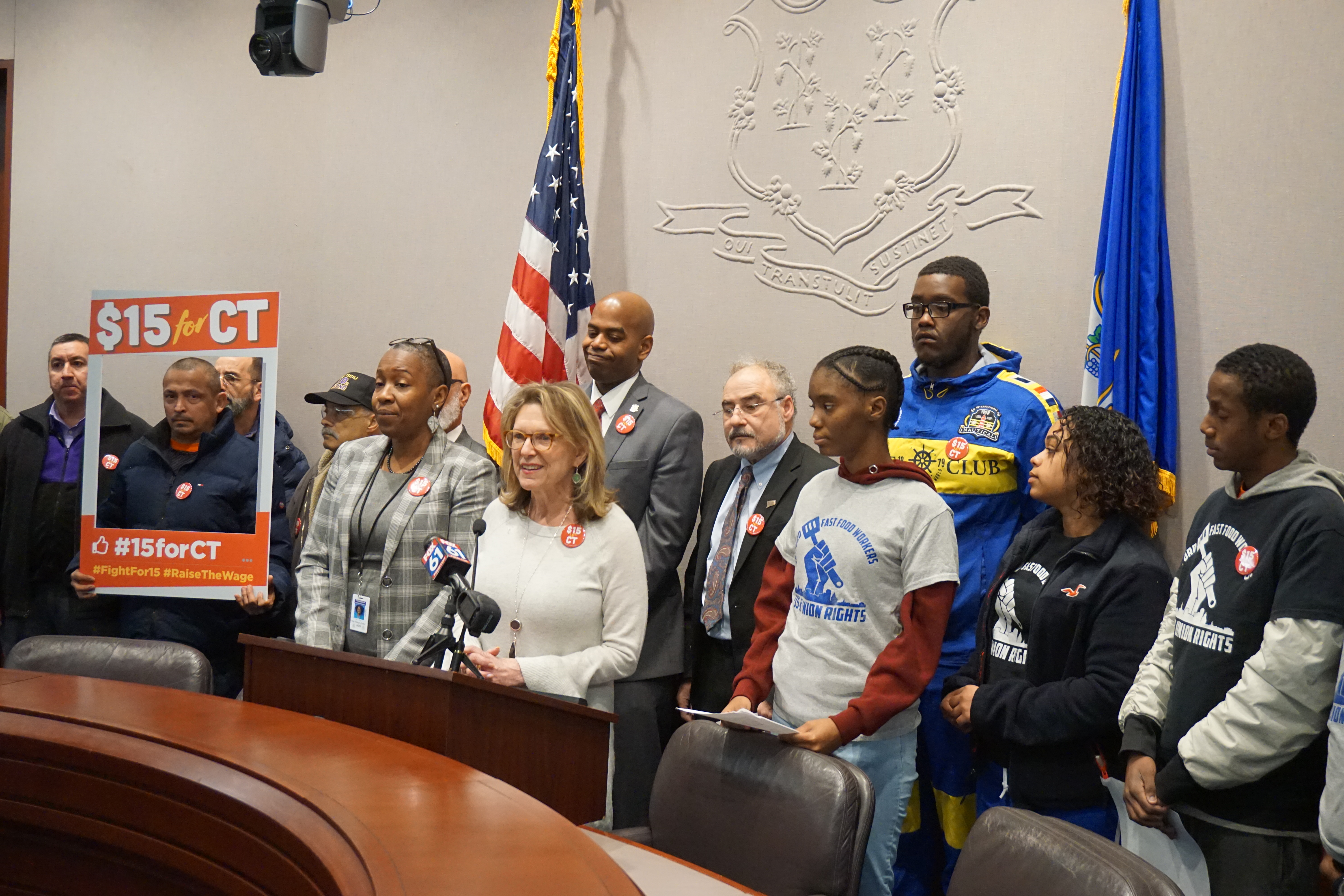 State Senator Julie Kushner is joined by State Representative Robyn Porter, Connecticut AFL-CIO President Sal Luciano and other Fight for $15 activists in Hartford.  