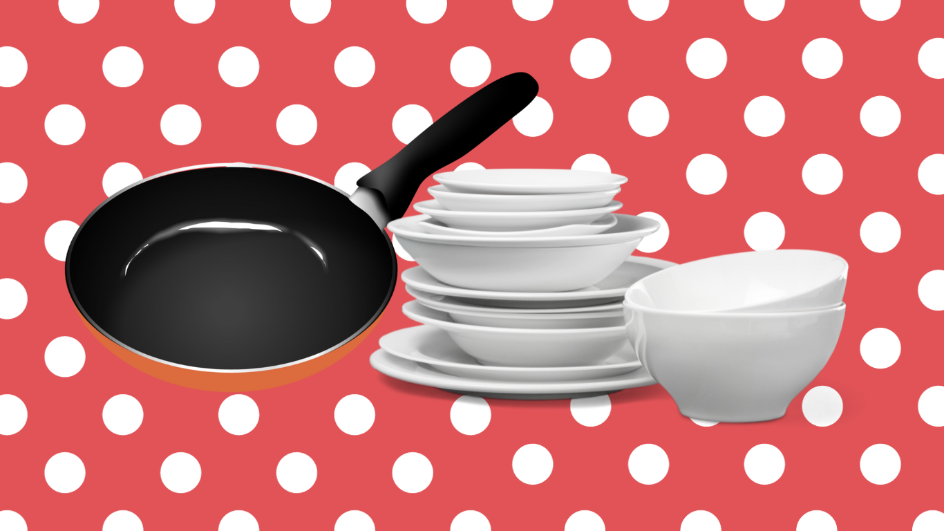 Kitchenware and dishes on a red polka dot background