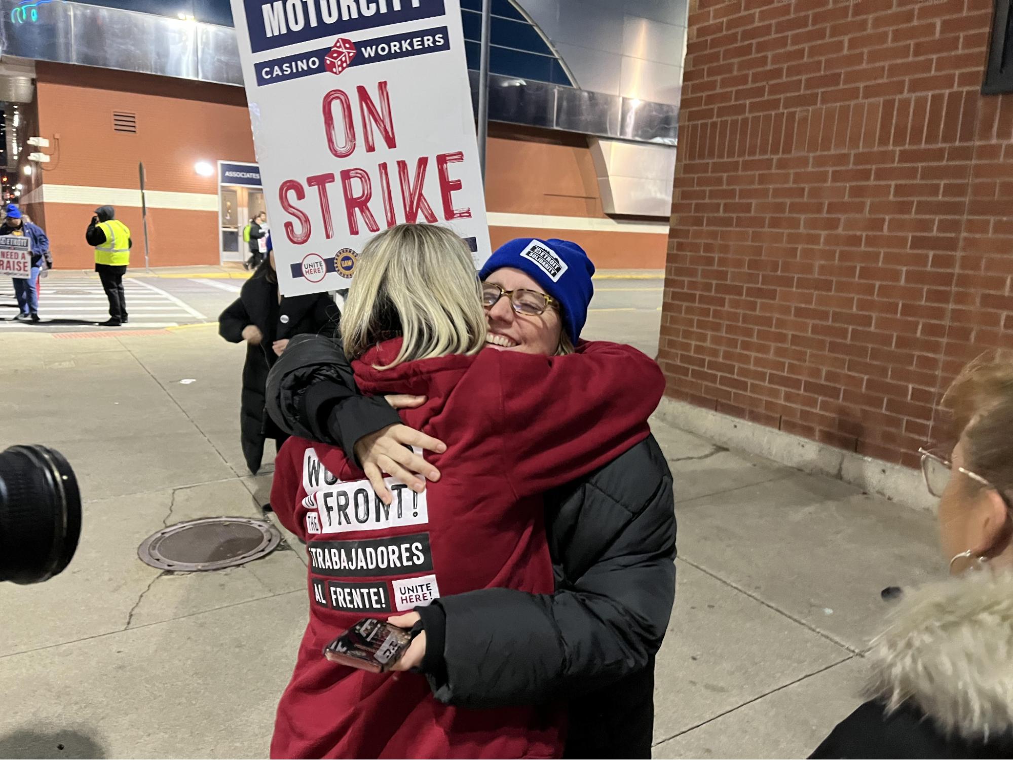 AFL-CIO President Liz Shuler and UNITE HERE Secretary-Treasurer Gwen Mills embrace on the strike line at MotorCity Casino Hotel in Detroit.