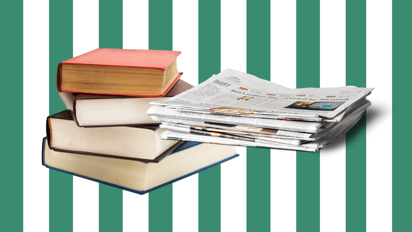 Books and Newspaper on green striped background