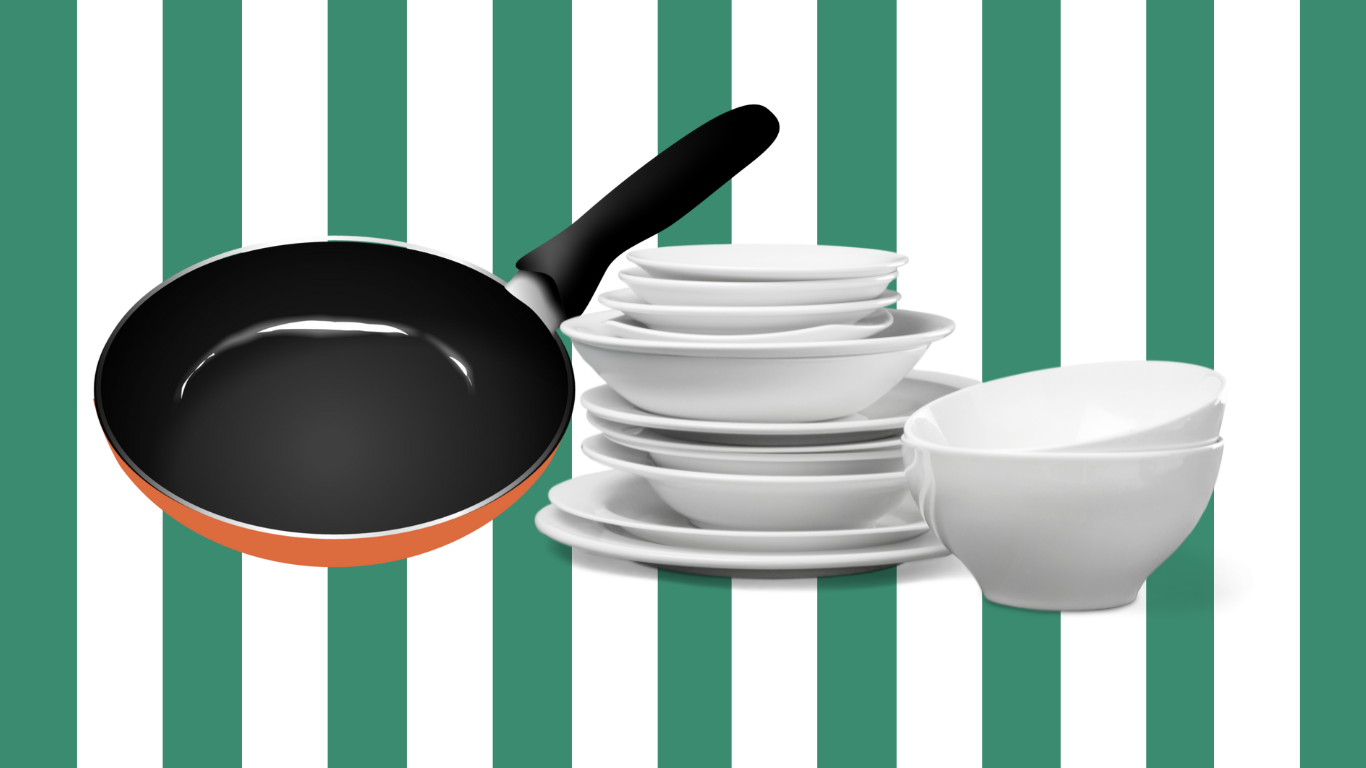 Kitchenware and dishes on a striped background