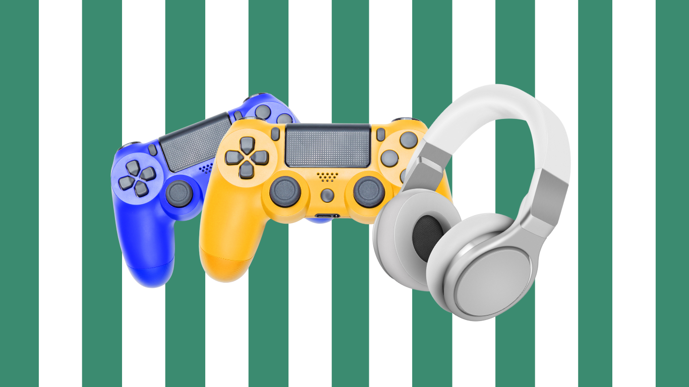 Video game controllers on a white and green background