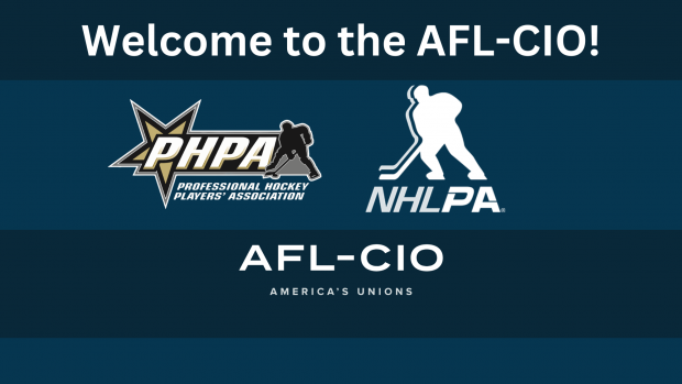 The PHPA and NHLPA logos at the top with text overlay that reads, “Welcome to the AFL-CIO!” with the AFL-CIO logo below.