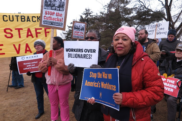 Union members and community allies rallied outside the Zablocki Veterans’ Administration (VA) Medical Center in Milwaukee on Friday to protest President Trump and Elon Musk’s cuts to our critical federal workforce.