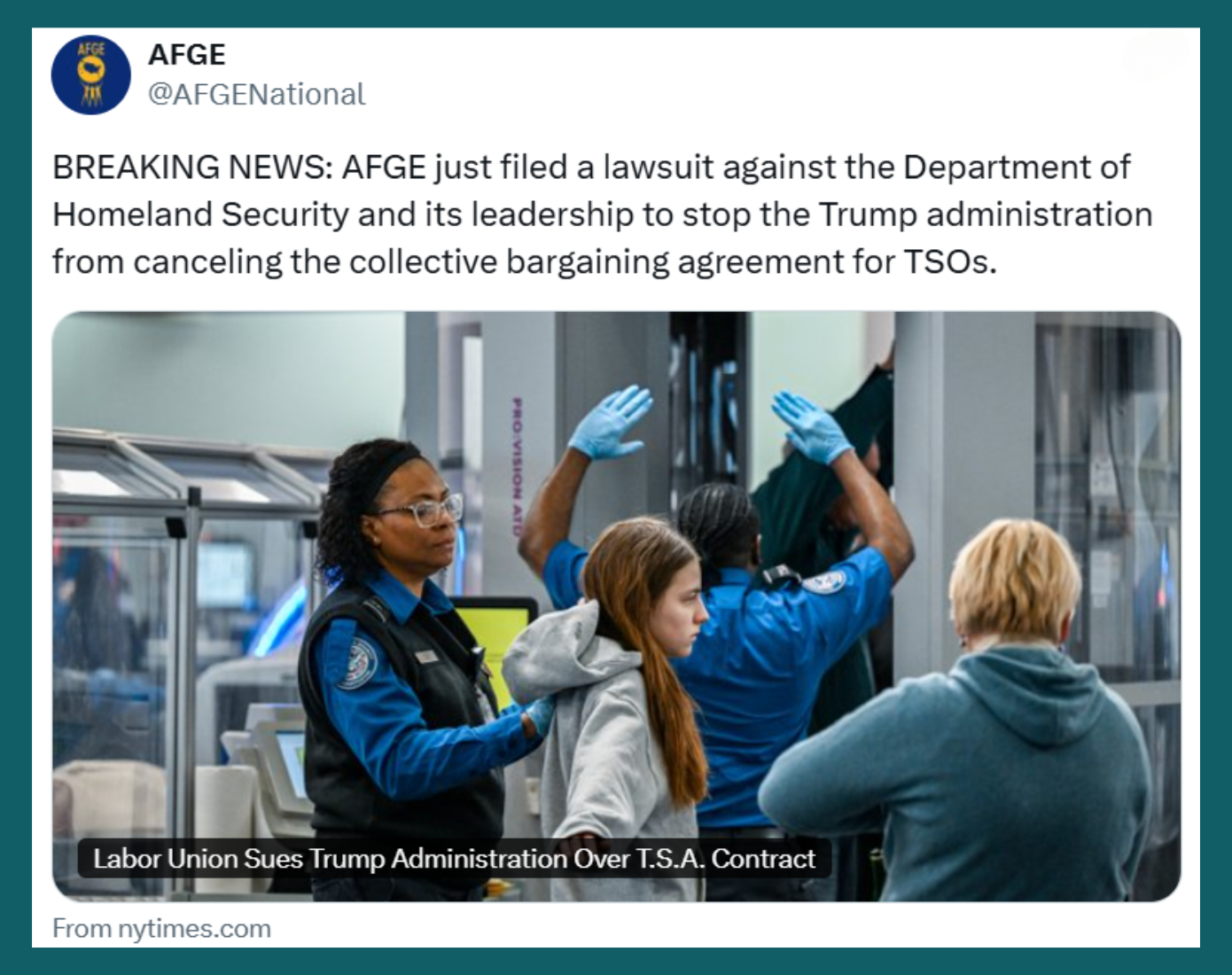 AFGE posted: “BREAKING NEWS: AFGE just filed a lawsuit against the Department of Homeland Security and its leadership to stop the Trump administration from canceling the collective bargaining agreement for TSOs.” 