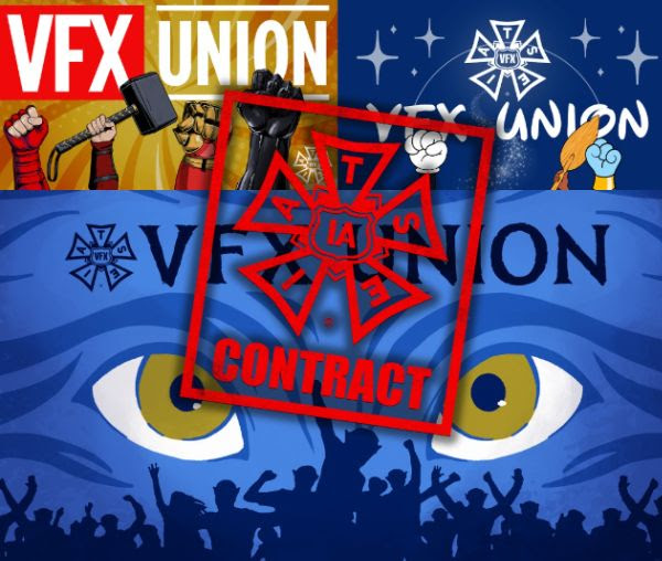 Collage of Marvel, Disney and Avatar characters with a stamp of the IATSE logo overlaid.