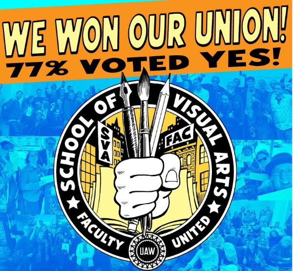 SVA Faculty United-UAW logo with text overlay that reads, “We won our union! 77% voted yes!”