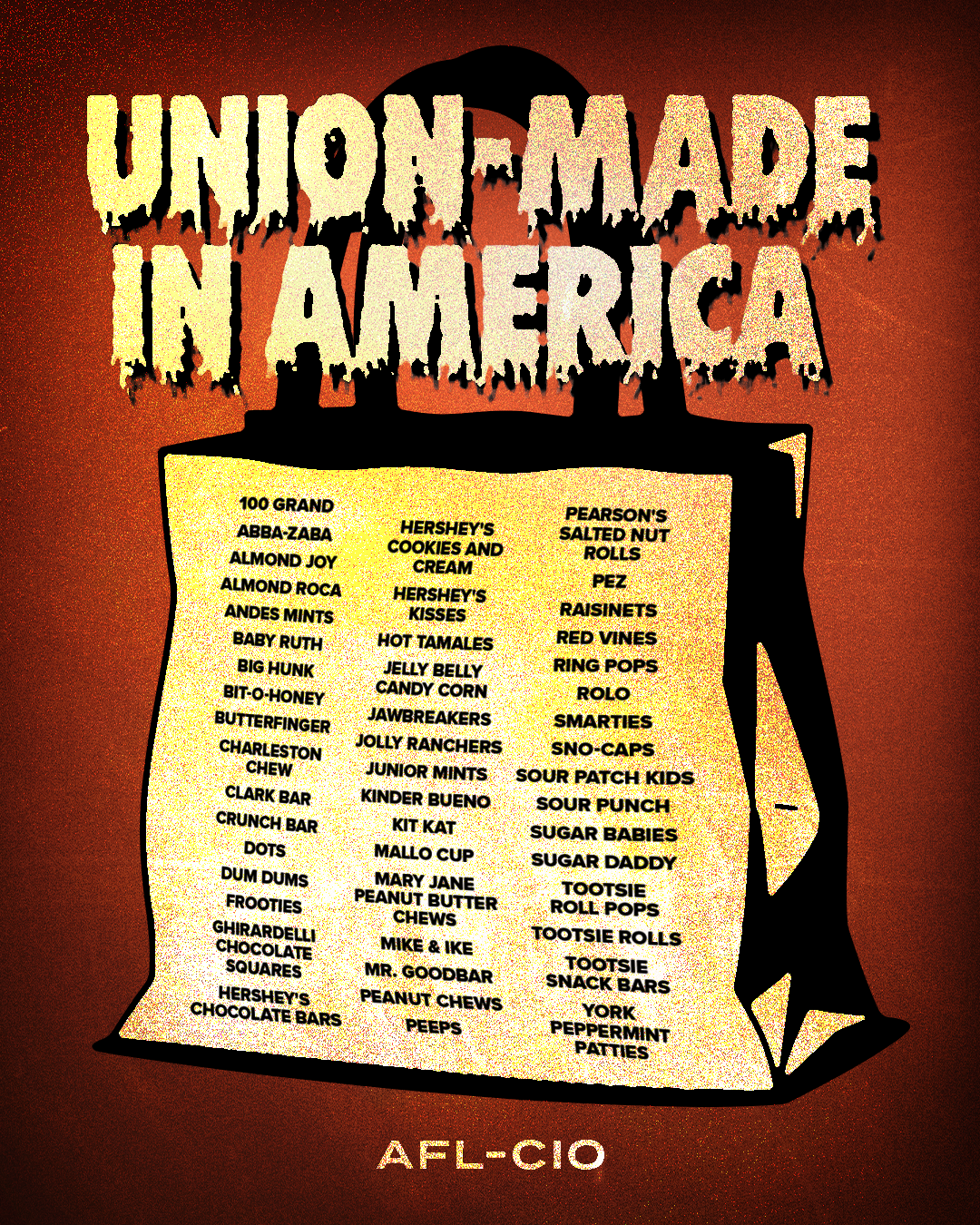 A list of union-made Halloween candy on top of a Halloween bag