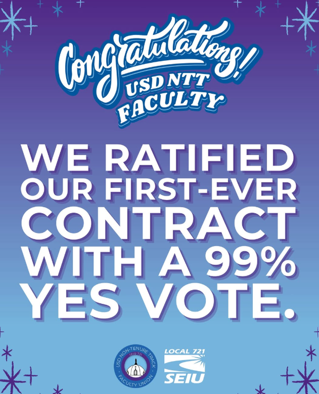 Graphic that reads, “Congratulations USD NTT faculty. We ratified our first-ever contract with a 99% yes vote.”