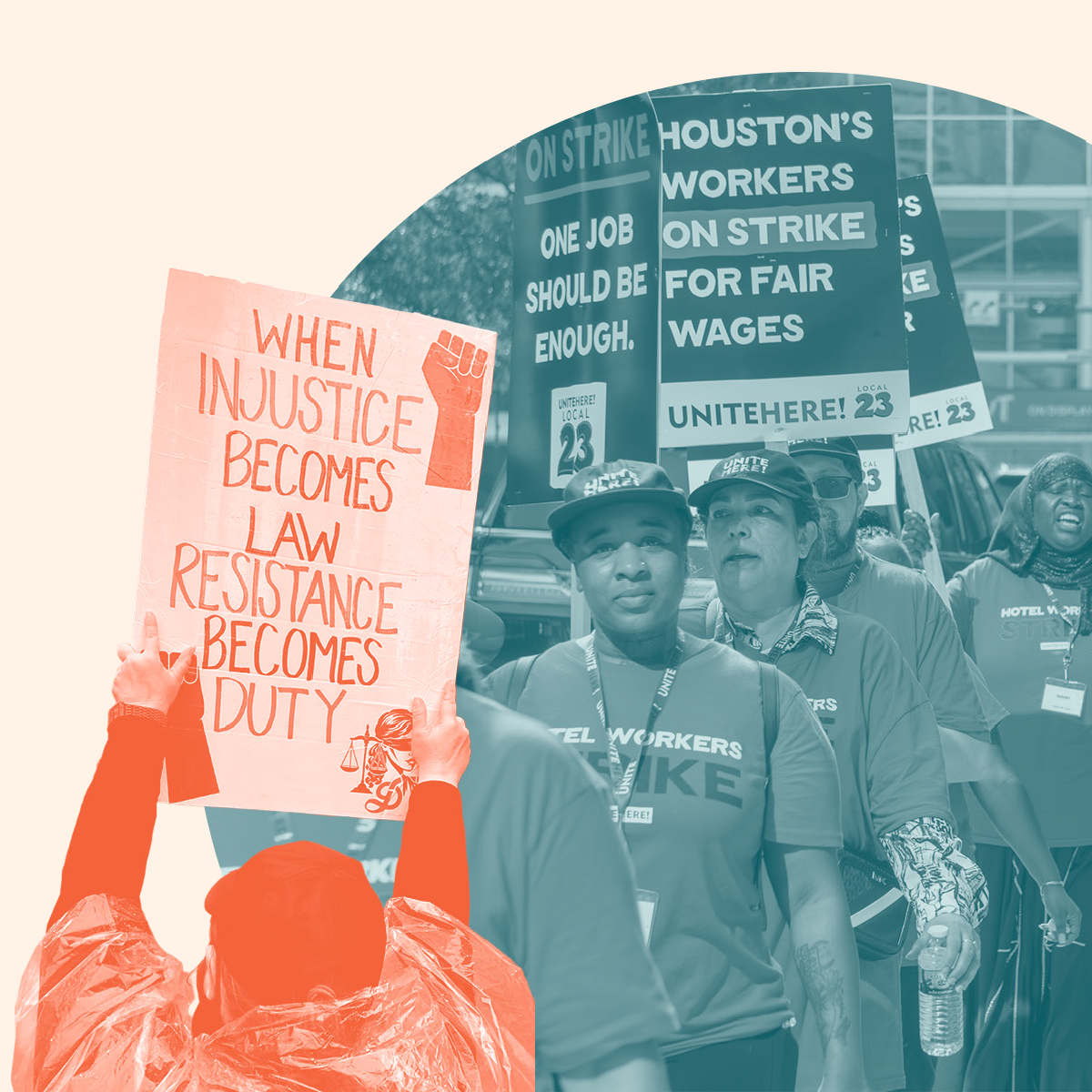 A photo of striking workers with a sign