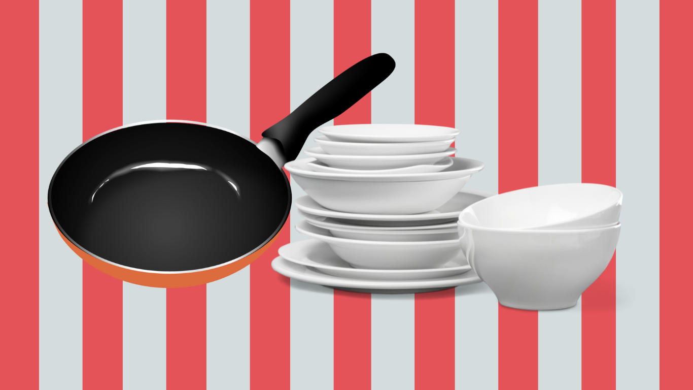 A pot and dishes on red stripes