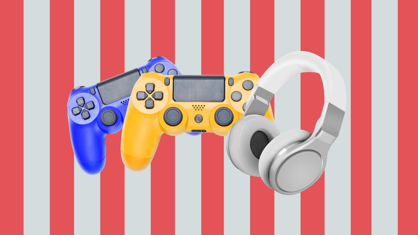 A video game console and headphones on a red striped background