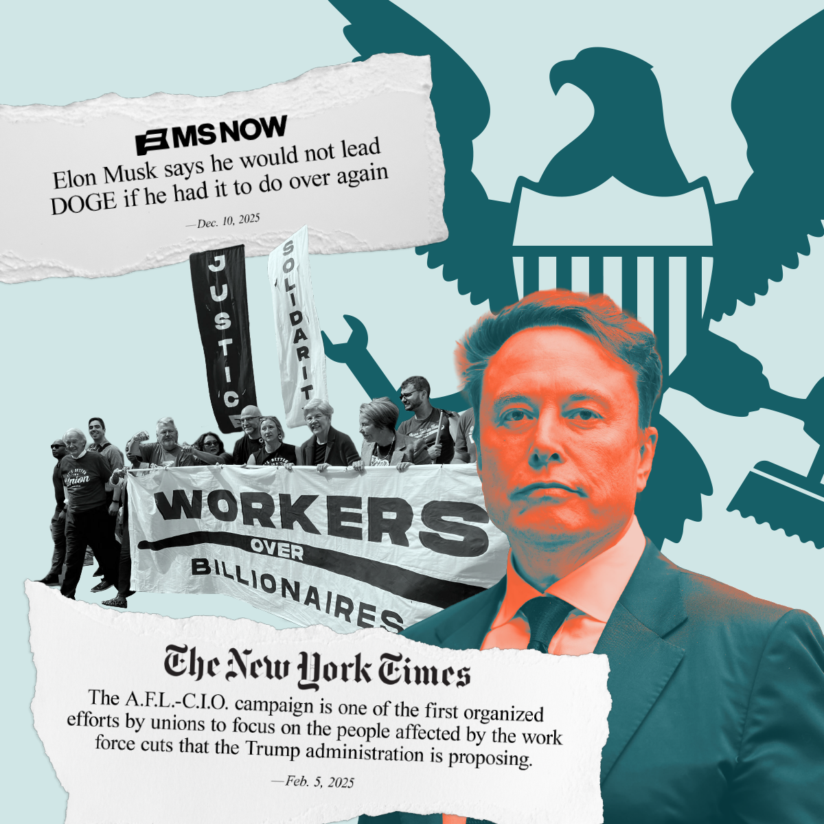 An image of Elon Musk with news headlines and an eagle emblem