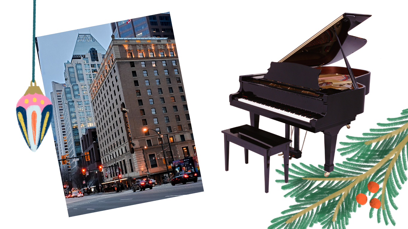 A picture of a hotel and a piano with ornaments