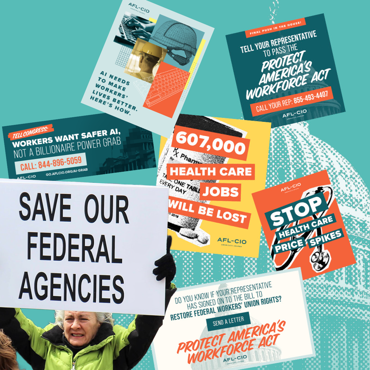 A picture of a striking workers with the words "Save Our Federal Agencies" with various advocacy alert banners 