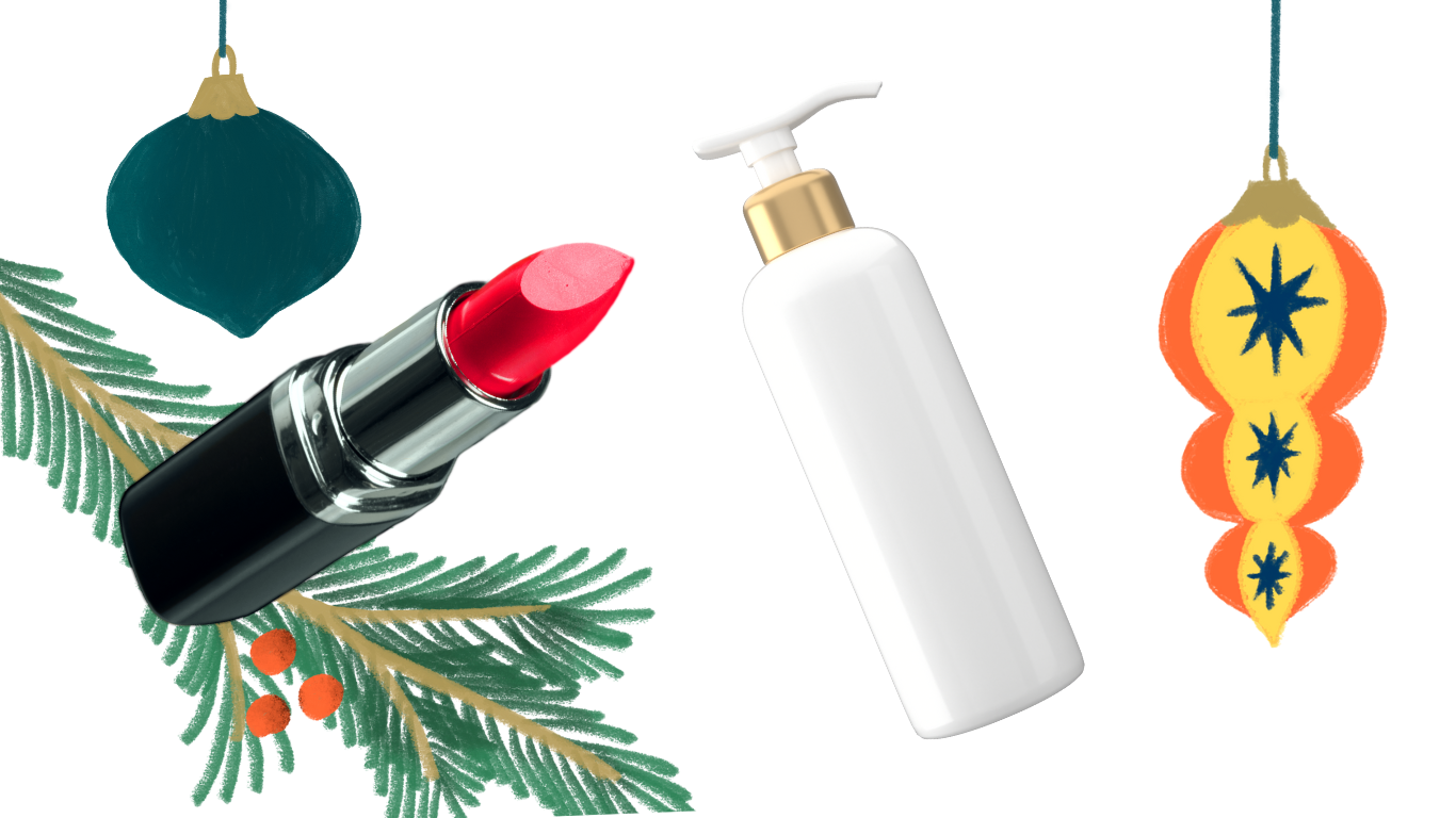 A picture of lotion and lipstick with holiday ornaments