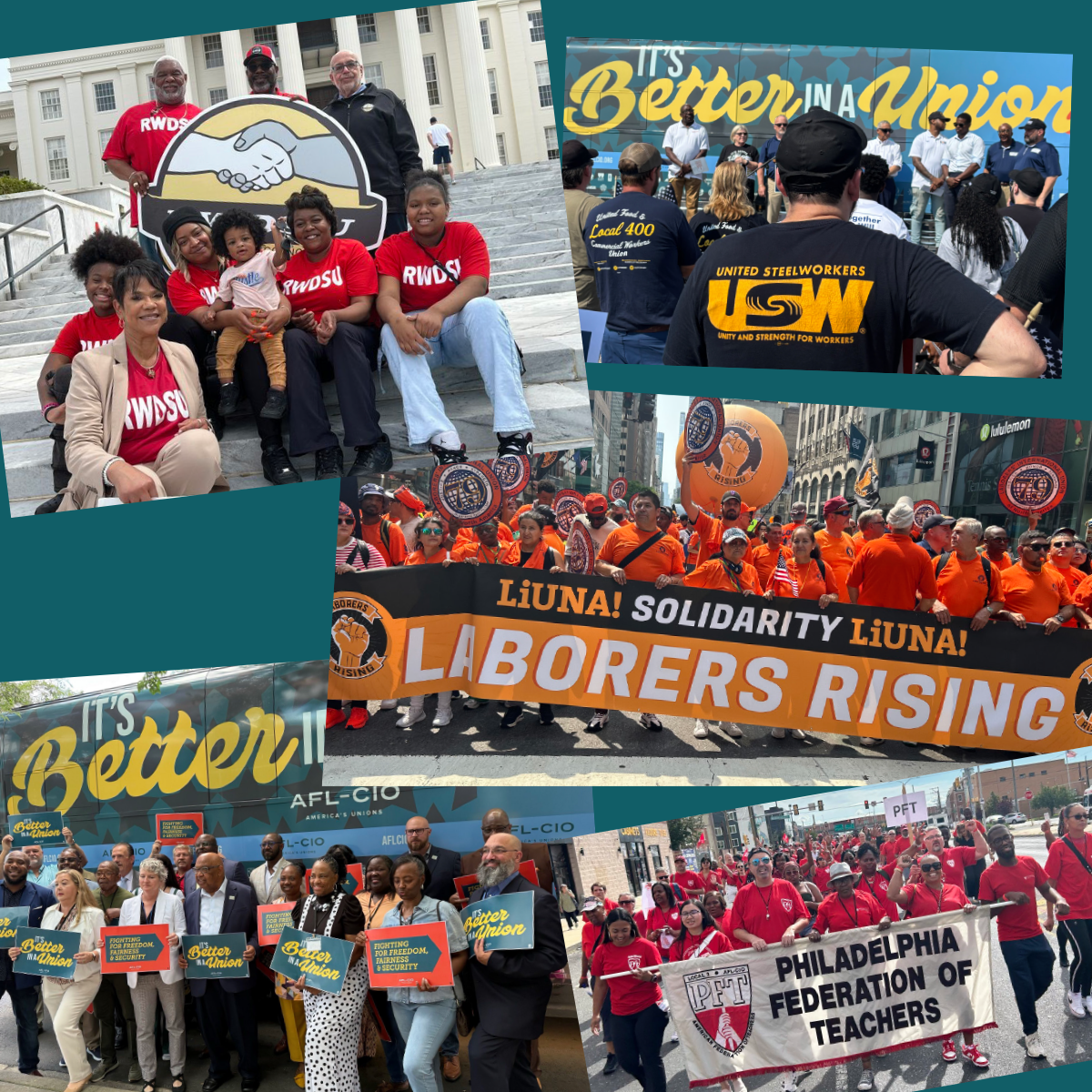 Photos of workers in front of the Better in the Union bus and protesters at various rallies on a teal background