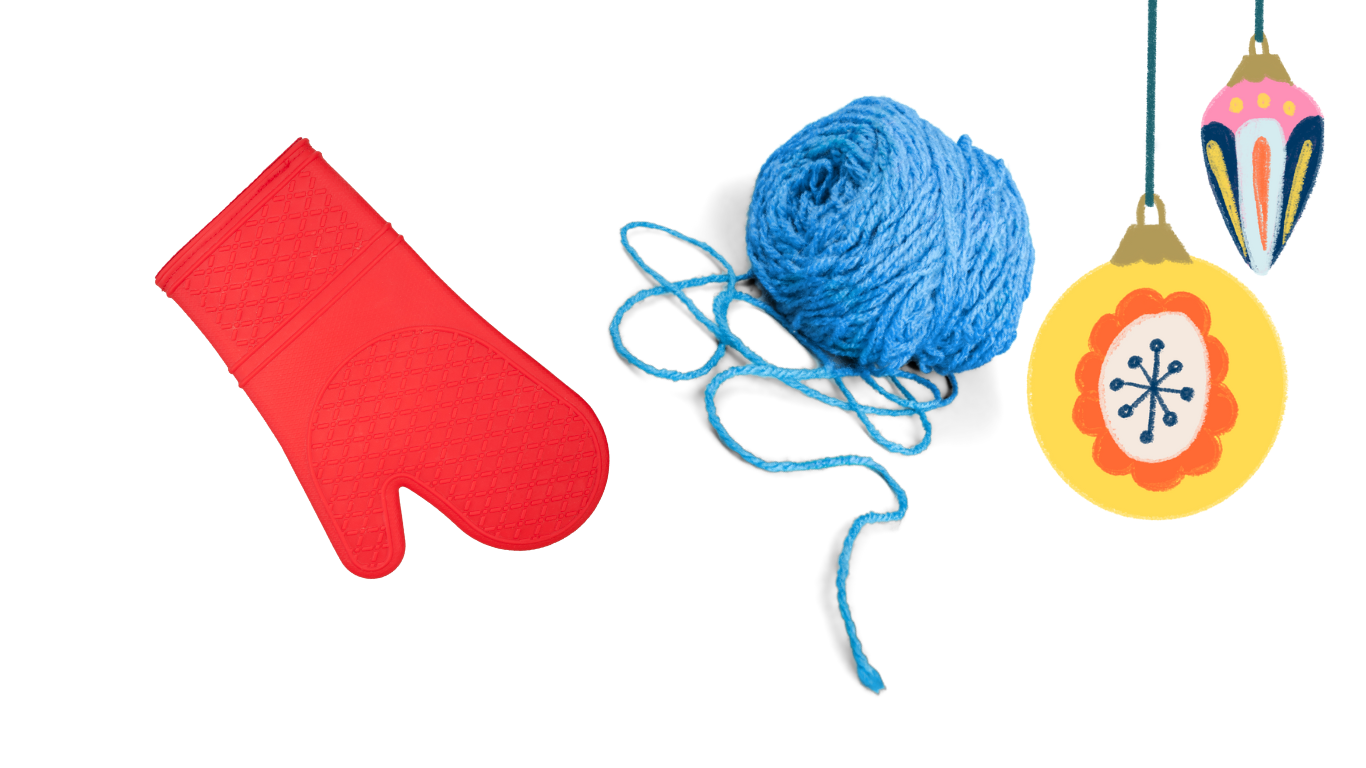 Kitchen mitt and yarn with an ornament hanging down