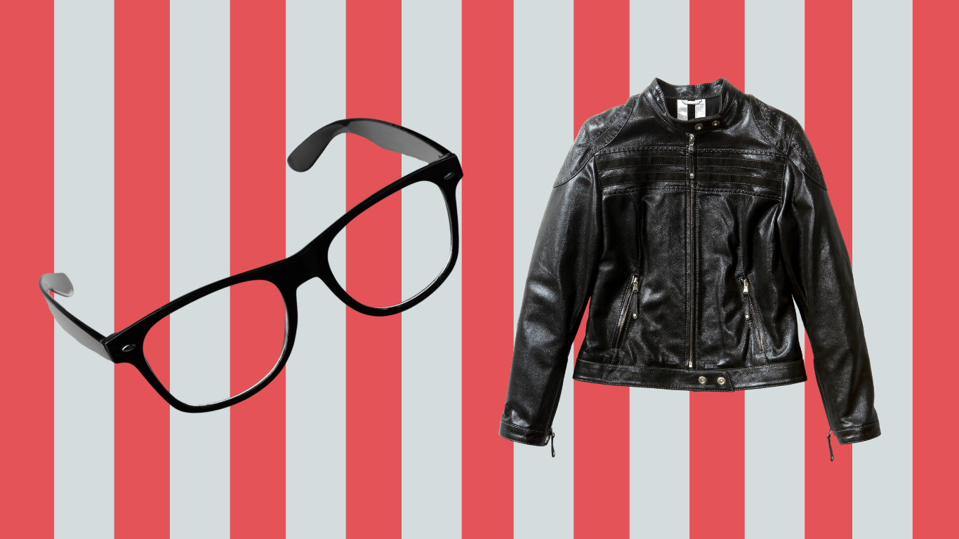 A picture of glasses and a jacket on a red striped background