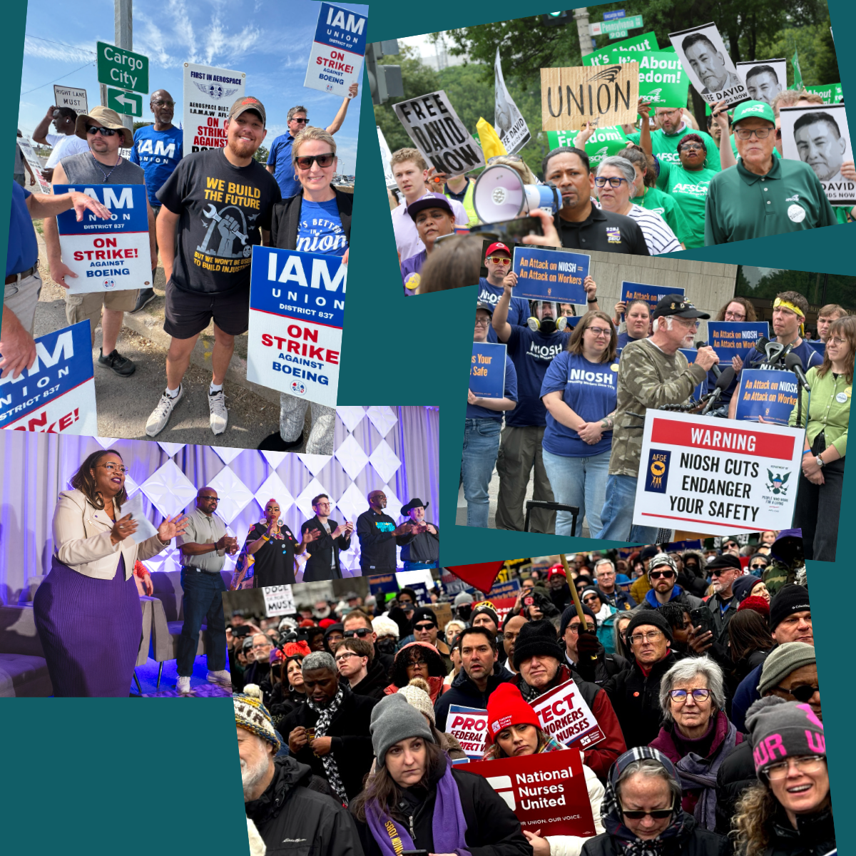 A mosaic of various of workers holding signs at organizing rallies around the country