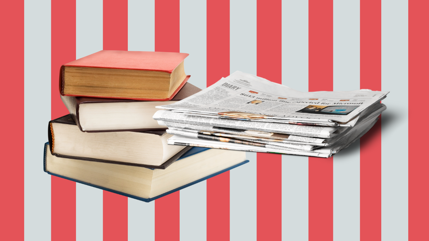 A picture of books on a red striped background