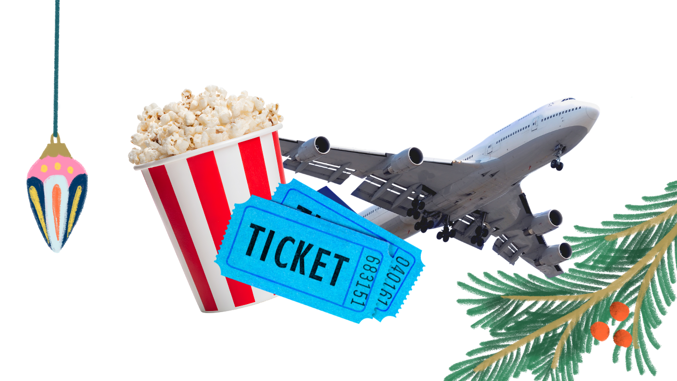 Popcorn, a ticket and a plane with holiday ornaments
