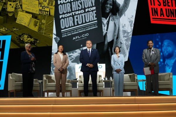 From left: Bishop Leah D. Daughtry (founder and co-convenor, Power Rising), Kristen Clarke (general counsel, NAACP), Juan Proaño (CEO, League of United Latin American Citizens), Sophia Lin Lakin (director, ACLU Voting Rights Project) and President Claude Cummings Jr. (Communications Workers of America (CWA)).