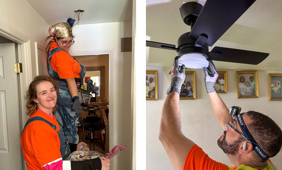 IBEW members repairing lighting fixtures in a home.