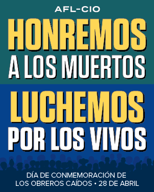 A sticker with the words, "Honremos a los muertos. Luchemos por los vivos. Dia de conmemoracion de los obreros caidos." 