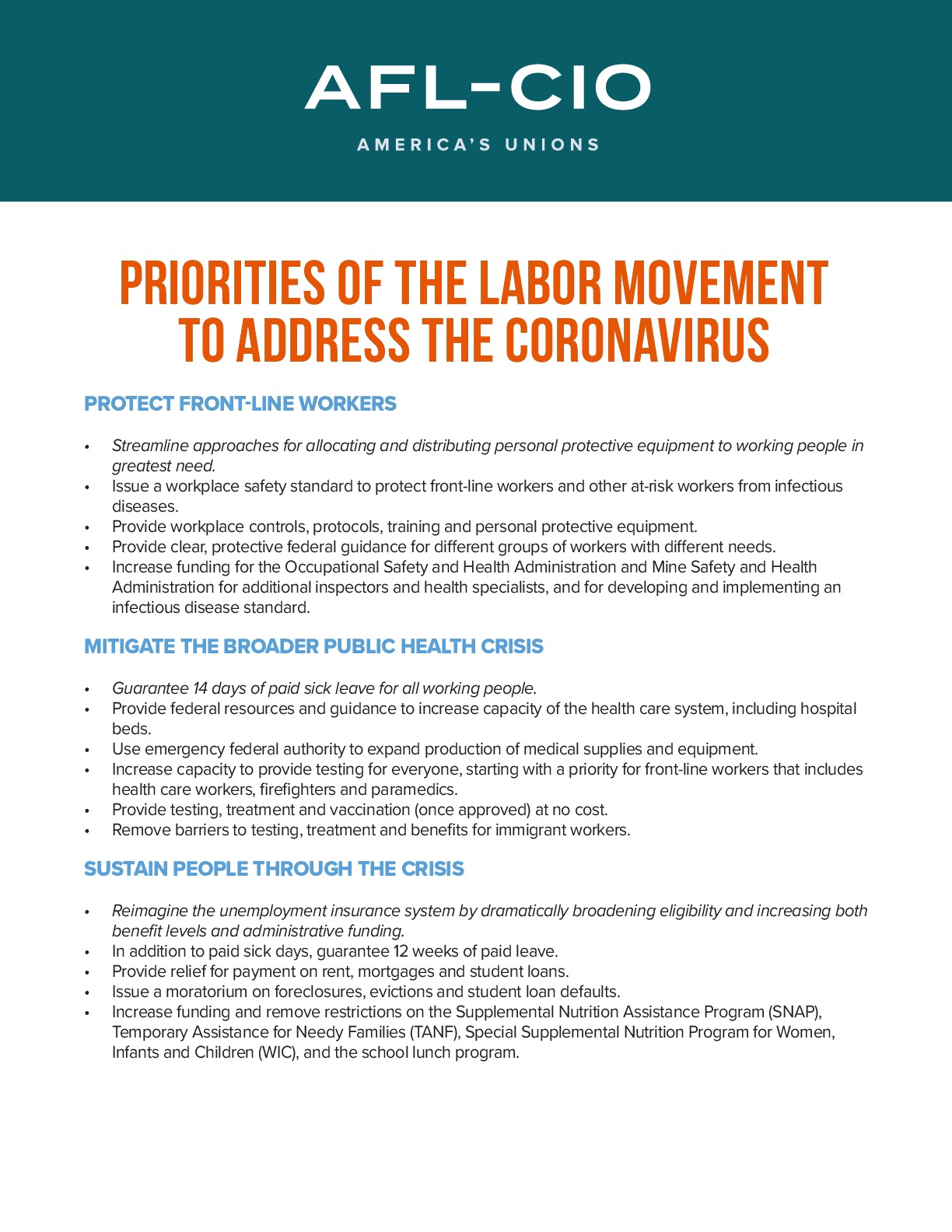 Priorities of the Labor Movement to Address the Coronavirus